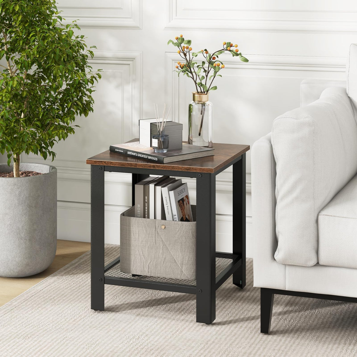 2-Tier End Table Set of 2, 16 Inch Side Table with Mesh Storage Shelf L22311