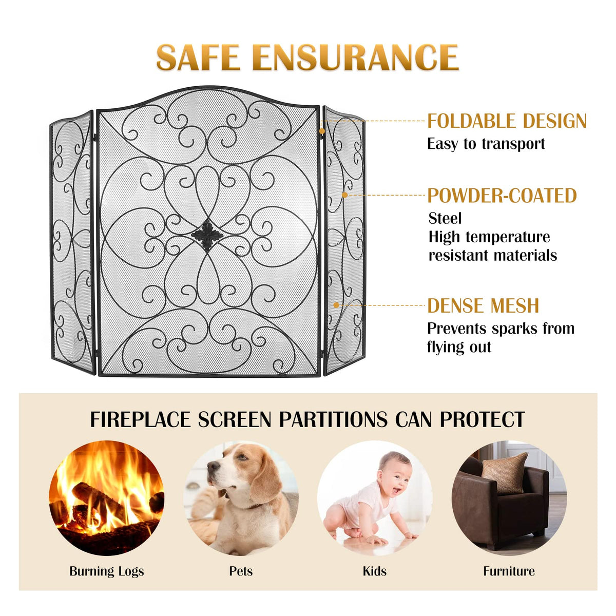 Black 3 Panel Foldable Wrought Iron Fireplace Screen R7630