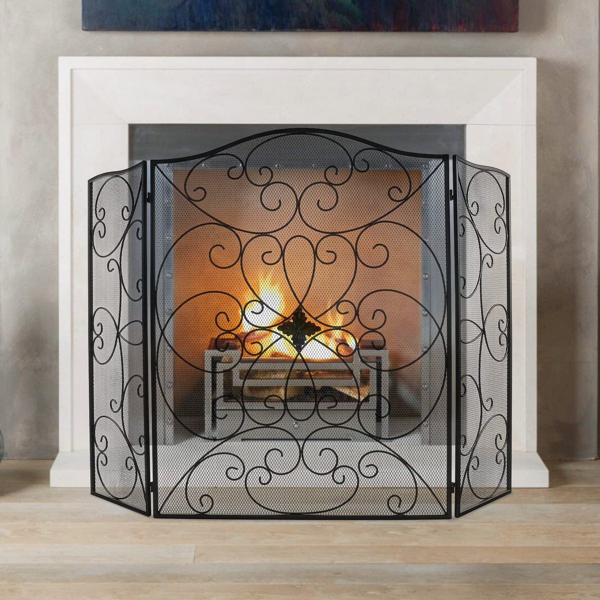 Black 3 Panel Foldable Wrought Iron Fireplace Screen R7630