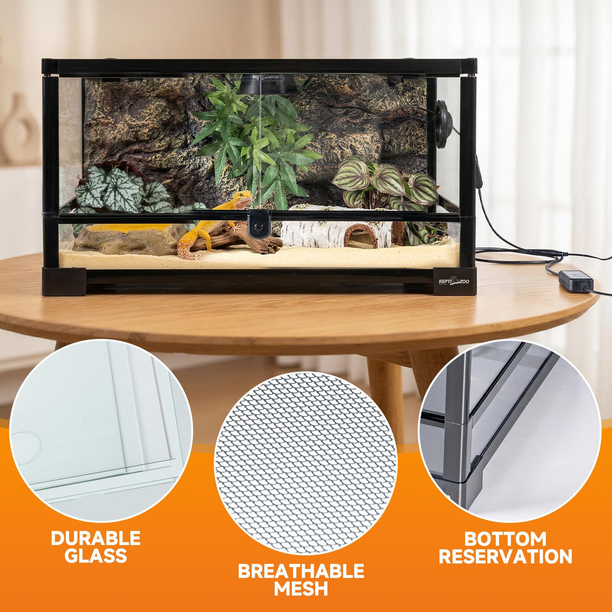 20 Gallon Reptile Terrarium Starter Kit with Heating System Thermostat UVB Light Hide Cave Feeding Dish Q468000