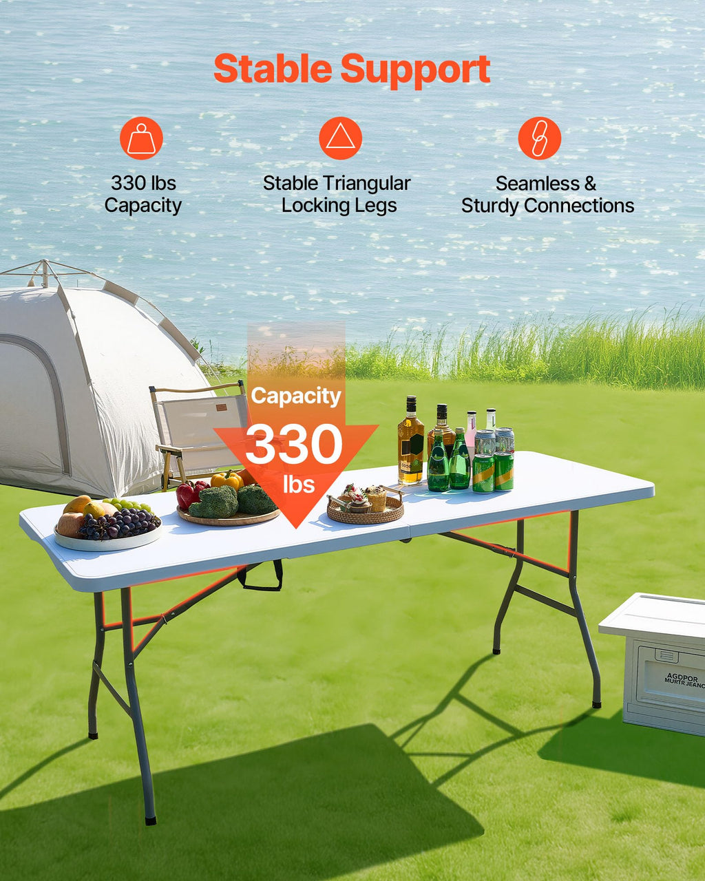 Folding Table, Heavy Duty Portable Fold-in-Half Utility Table, Indoor Outdoor Plastic Rectangle Table with Built in Handle, 6 ft, White P7941