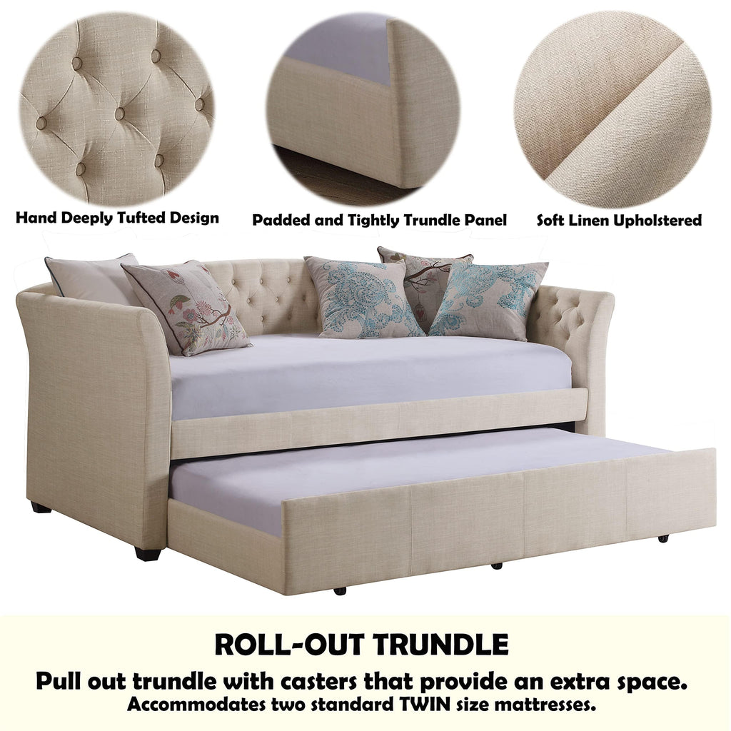 Beige Velvet Tufted Upholstered Twin Daybed with Trundle P86336