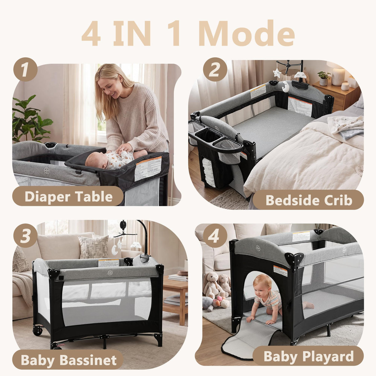 4 in 1 Portable Baby Playard, Baby Bedside Crib, Grey A89432
