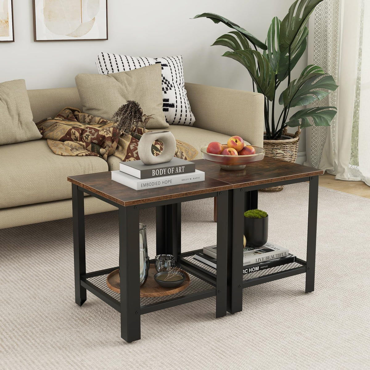 2-Tier End Table Set of 2, 16 Inch Side Table with Mesh Storage Shelf L22311