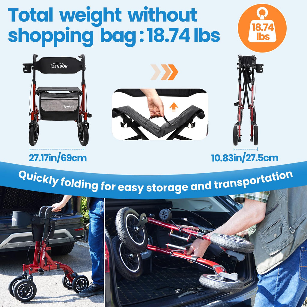 Foldable Rolling Walker with Seat 330 lbs Capacity 10 inch Wheels E871643
