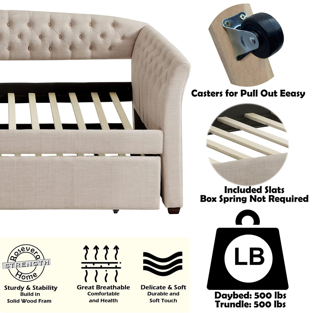 Beige Velvet Tufted Upholstered Twin Daybed with Trundle P86336