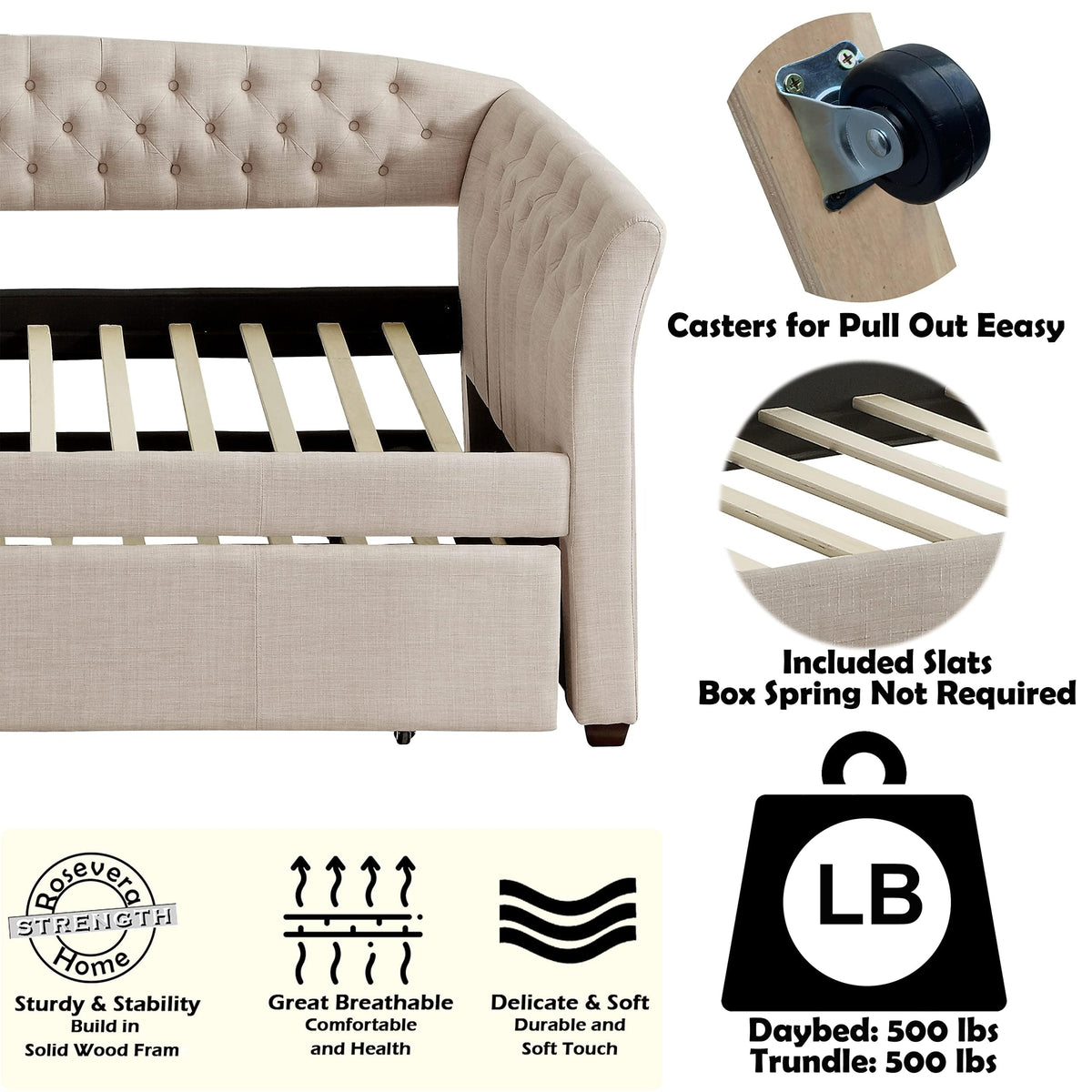 Beige Velvet Tufted Upholstered Twin Daybed with Trundle P86336