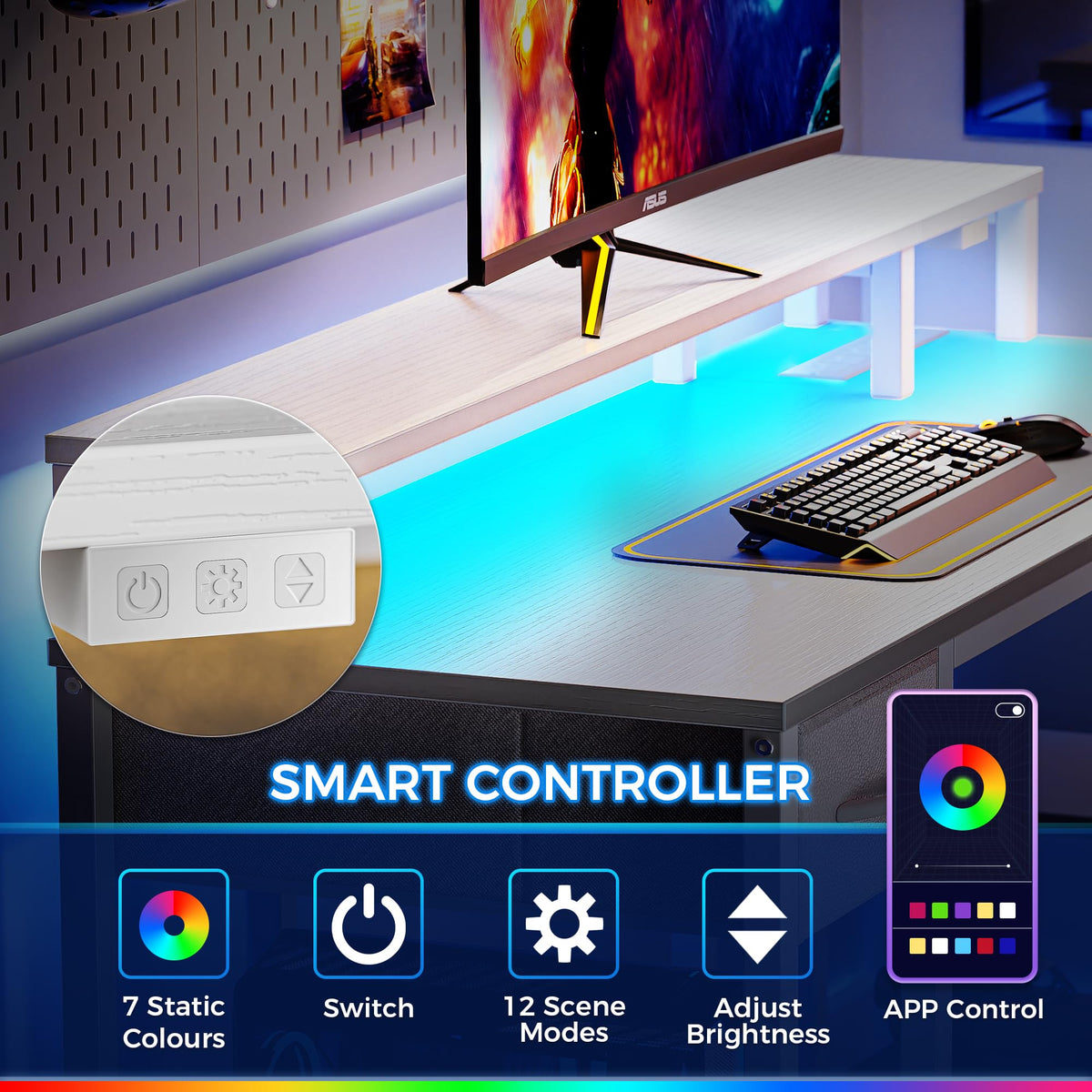 53 inch Reversible L Shaped Desk with LED Lights & Power Outlets N490975