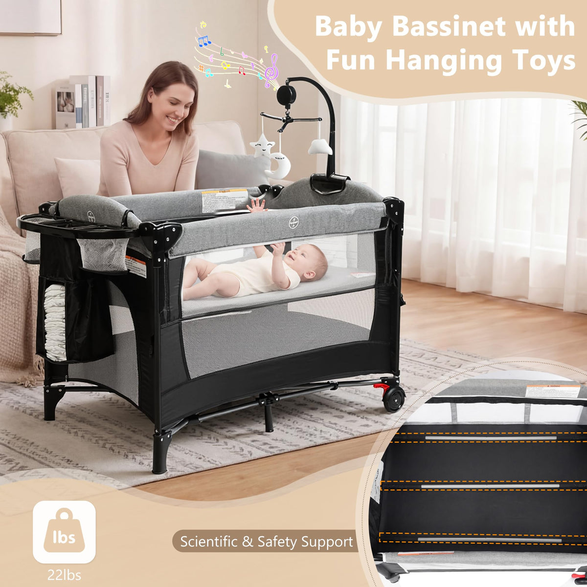 4 in 1 Portable Baby Playard, Baby Bedside Crib, Grey A89432