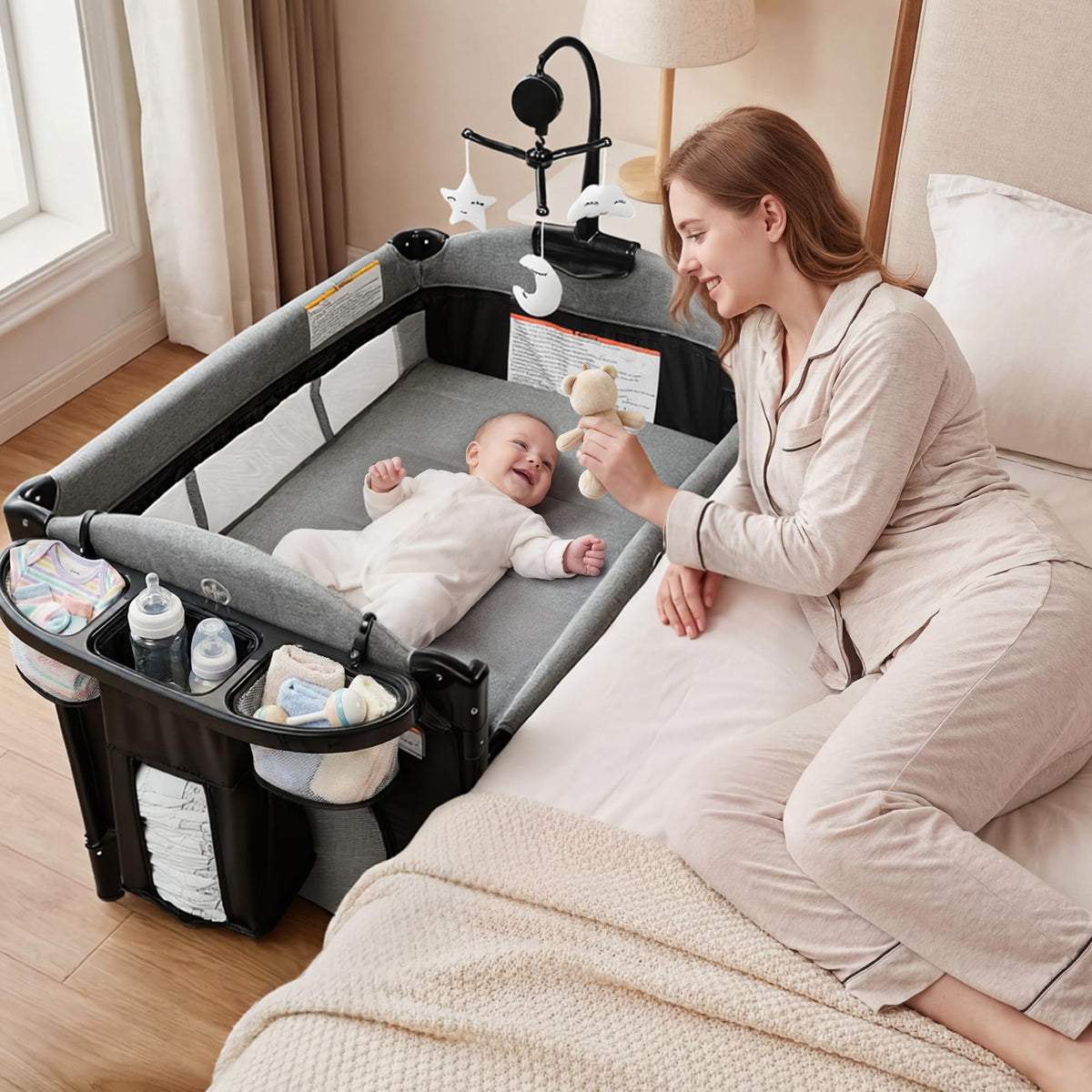 4 in 1 Portable Baby Playard, Baby Bedside Crib, Grey A89432