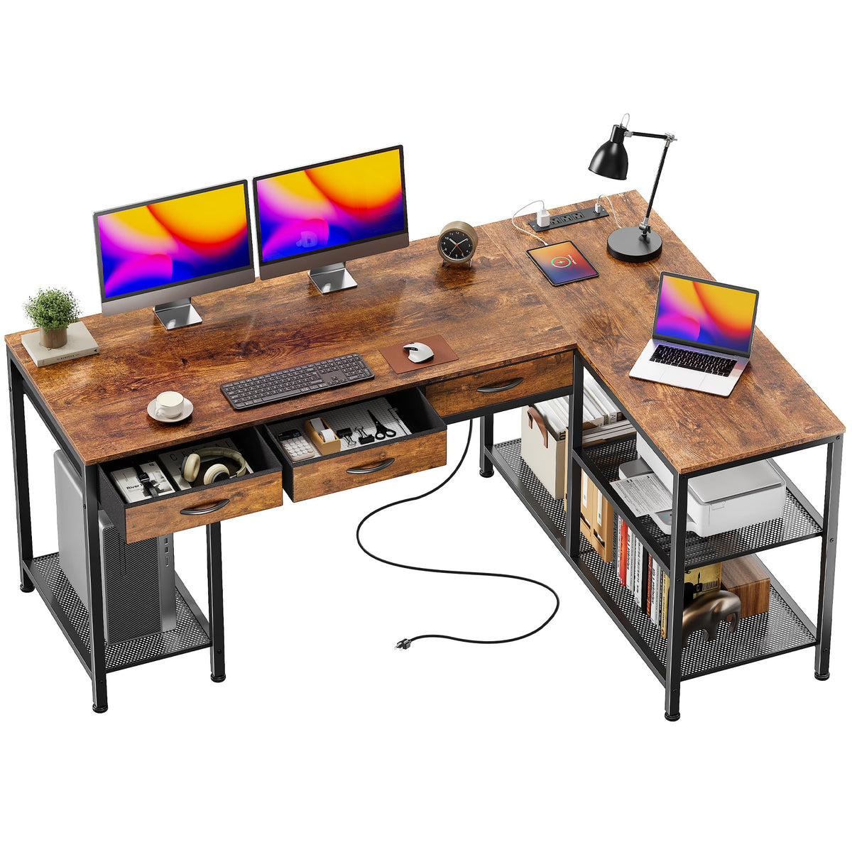55 Inch L Shaped Office Desk with Power Outlets and Type-C Port N4010
