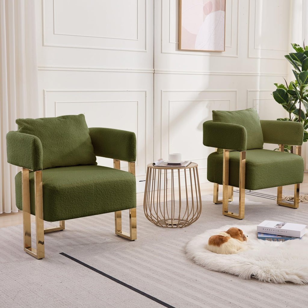 Green Teddy Upholstered Arm Chairs Set of 2 with Metal Legs N20585