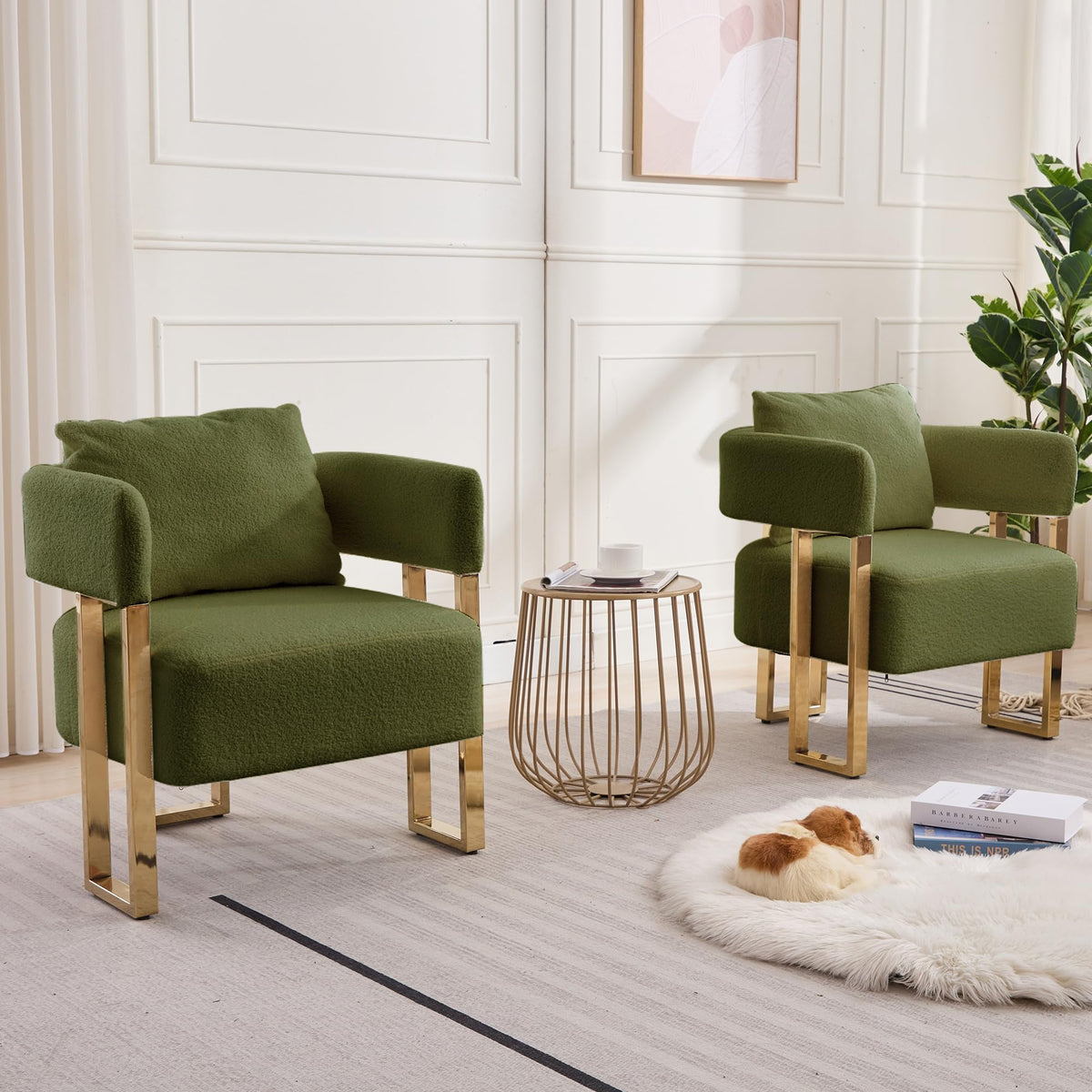 Green Teddy Upholstered Arm Chairs Set of 2 with Metal Legs N20585