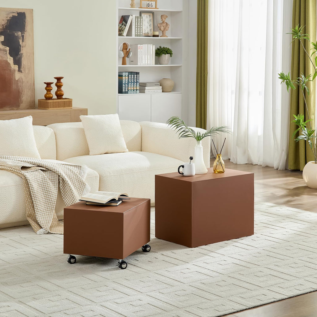 Brown Rolling Leather Coffee Table Set of 2 A54494