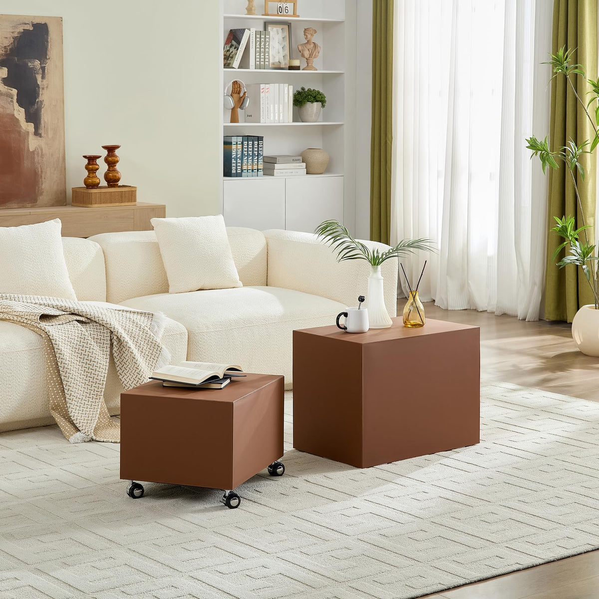 Brown Rolling Leather Coffee Table Set of 2 A54494