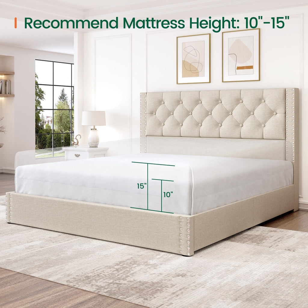 Queen Size Linen Upholstered Platform Bed Frame with 4 Storage Drawers U80731