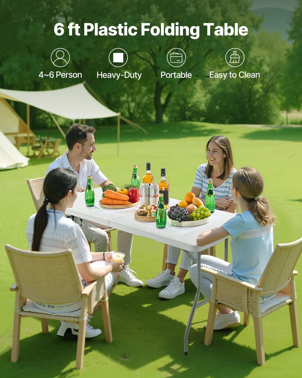 Folding Table, Heavy Duty Portable Fold-in-Half Utility Table, Indoor Outdoor Plastic Rectangle Table with Built in Handle, 6 ft, White P7941