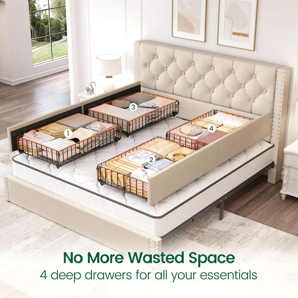 Queen Size Linen Upholstered Platform Bed Frame with 4 Storage Drawers U80731