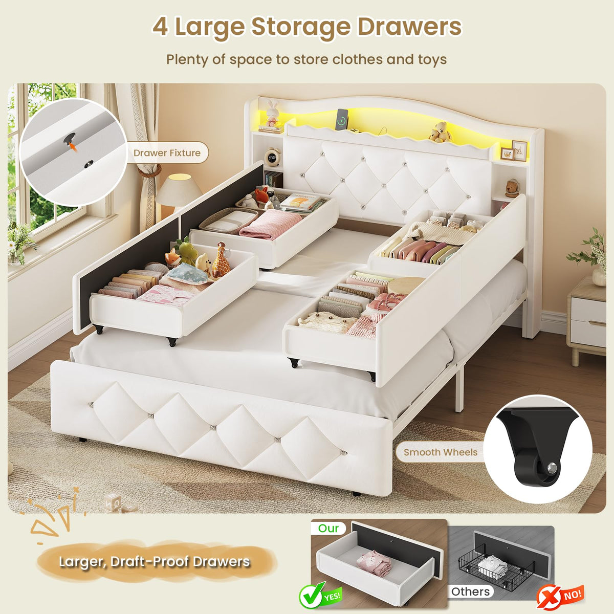 Full Size Velvet Upholstered Platform Bed with 4 Storage Drawers D527745