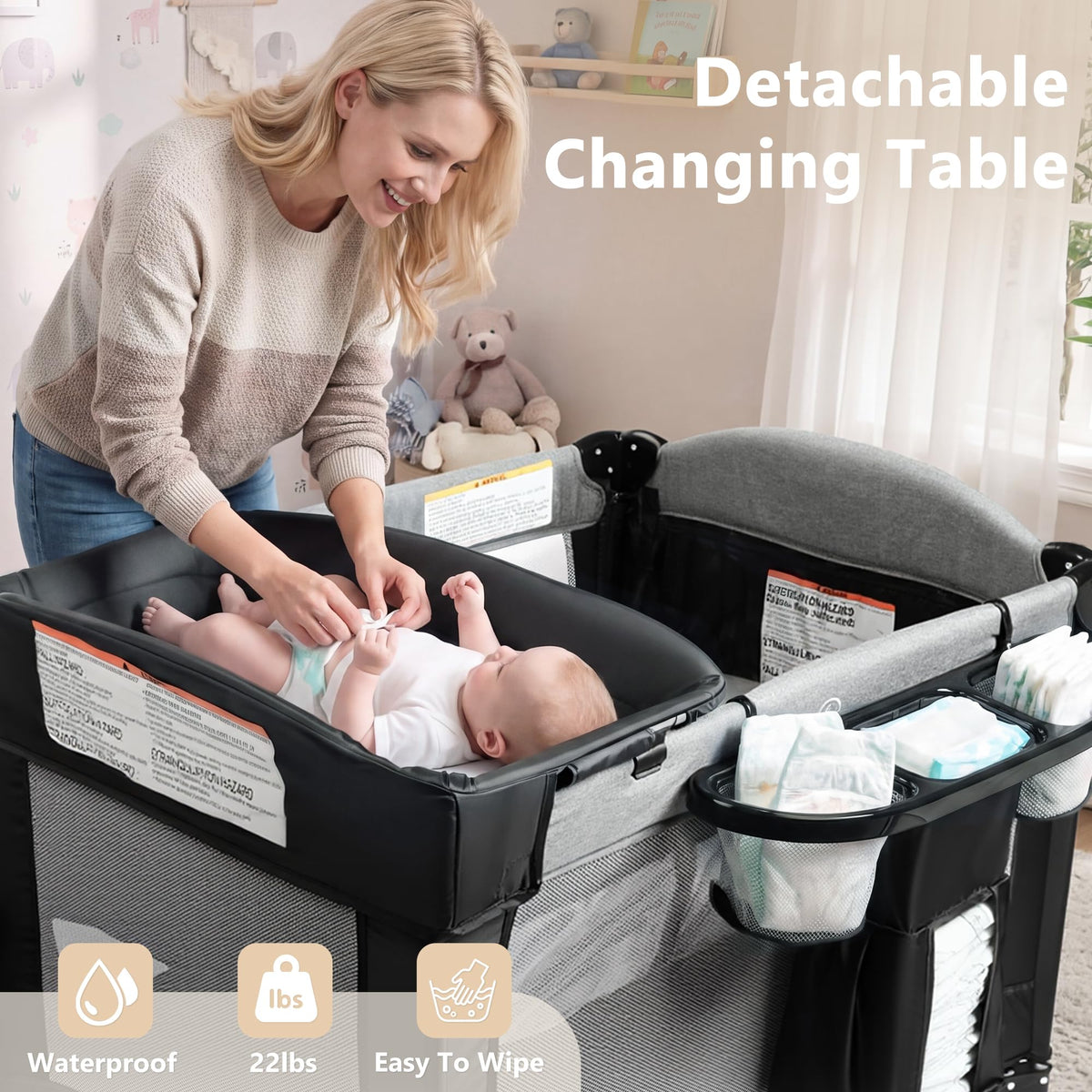 4 in 1 Portable Baby Playard, Baby Bedside Crib, Grey A89432