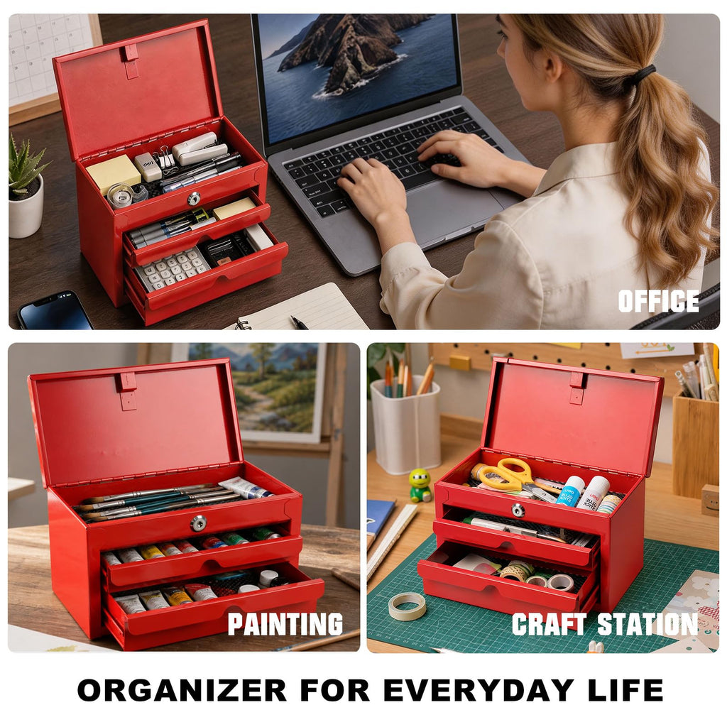 Mini Tool Box with Two Drawers and Lockable Top Storage, Red H81404