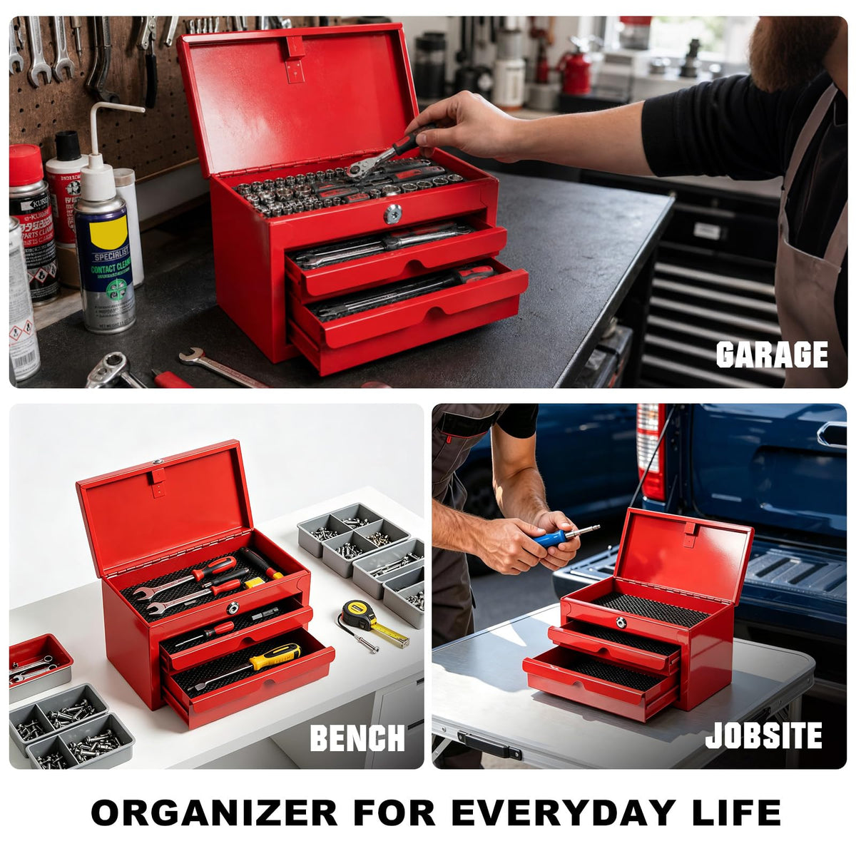 Mini Tool Box with Two Drawers and Lockable Top Storage, Red H81404