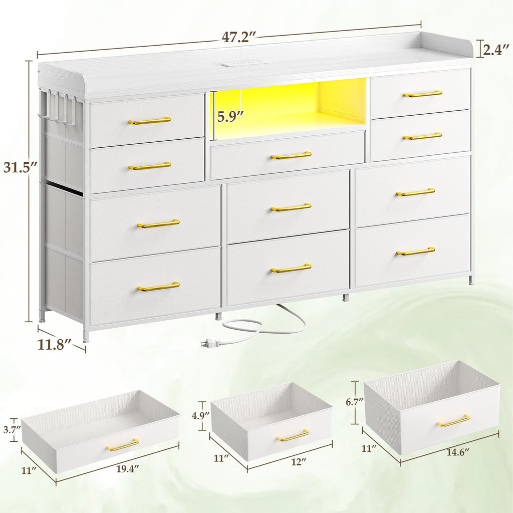 LED Dresser with Charging Station, 11 Drawers & 4 Hooks I25844