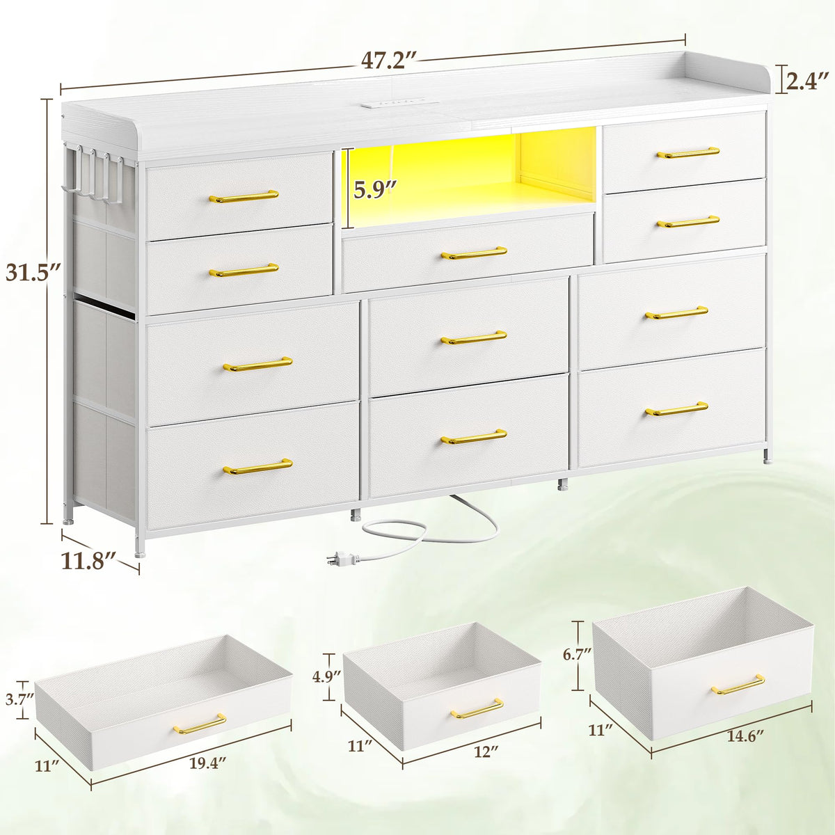 LED Dresser with Charging Station, 11 Drawers & 4 Hooks I25844