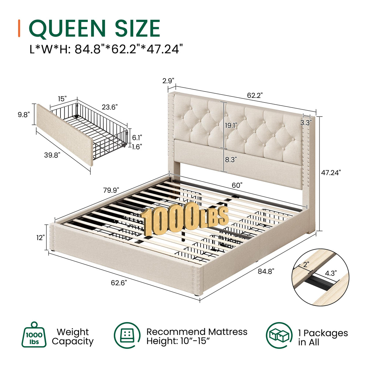 Queen Size Linen Upholstered Platform Bed Frame with 4 Storage Drawers U80731