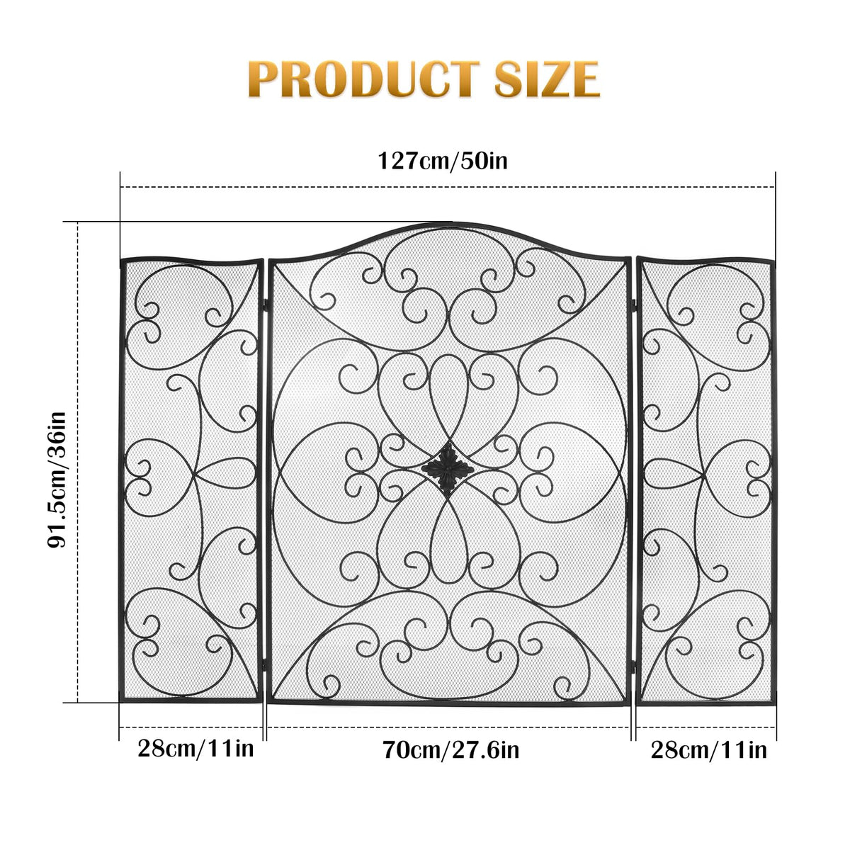 Black 3 Panel Foldable Wrought Iron Fireplace Screen R7630