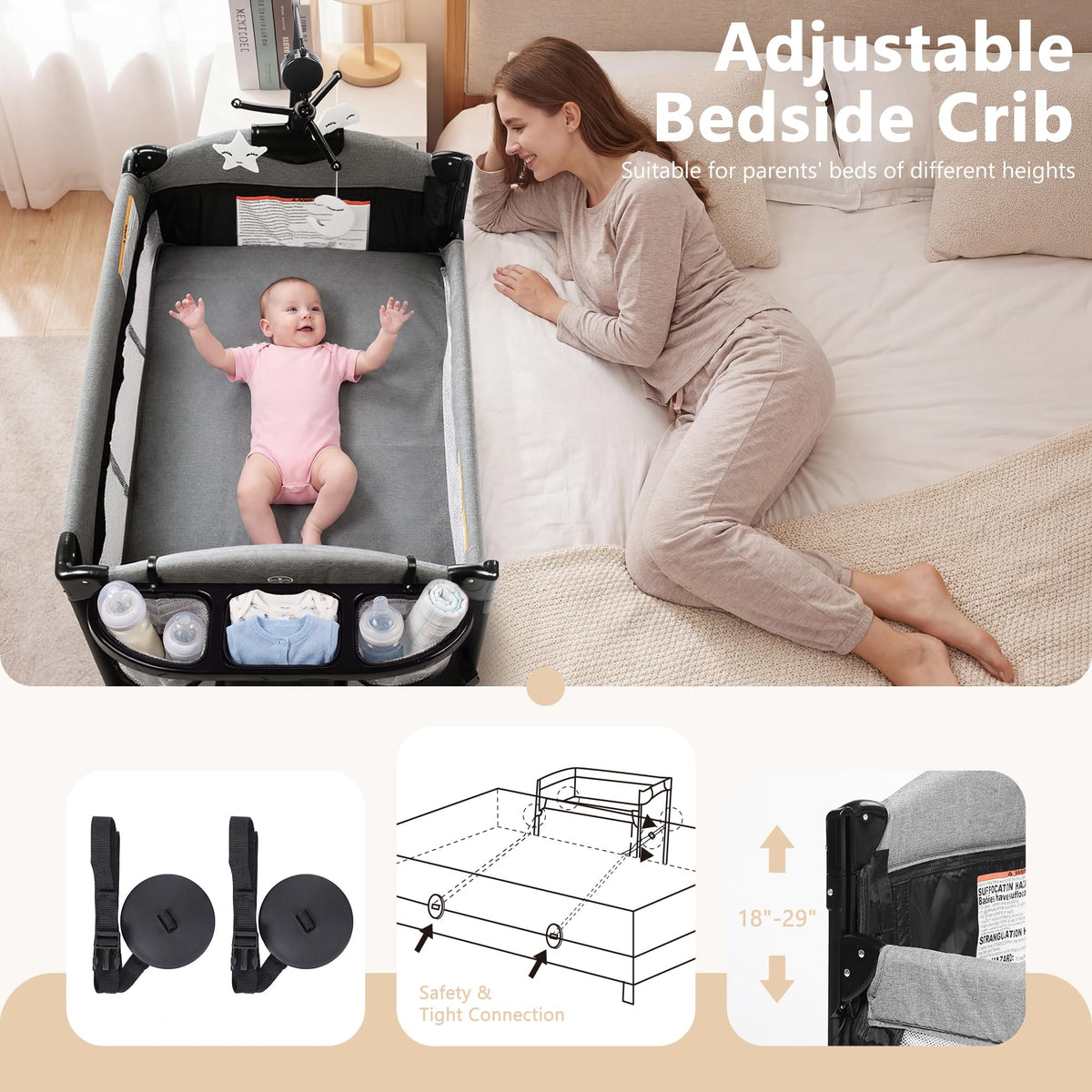 4 in 1 Portable Baby Playard, Baby Bedside Crib, Grey A89432