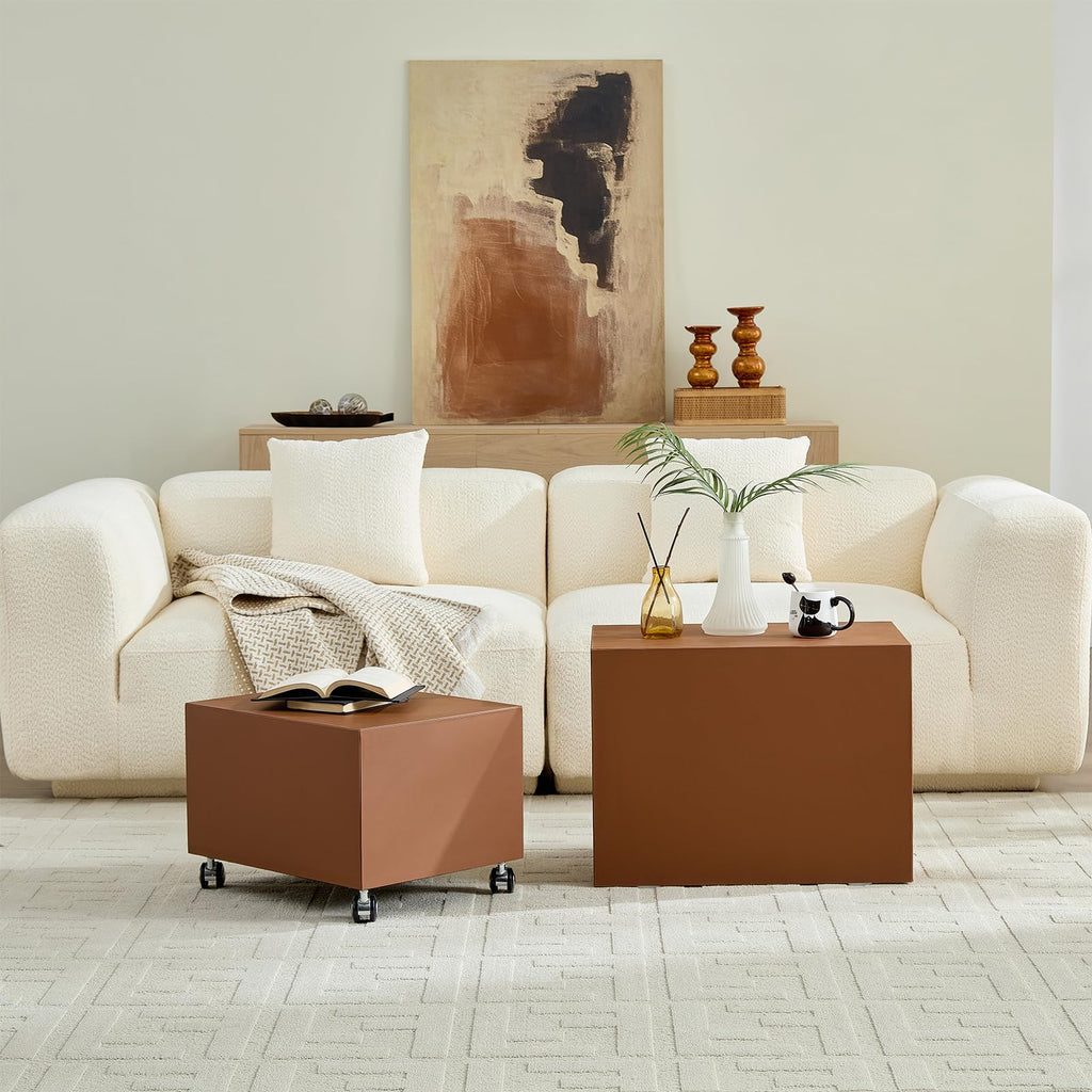 Brown Rolling Leather Coffee Table Set of 2 A54494