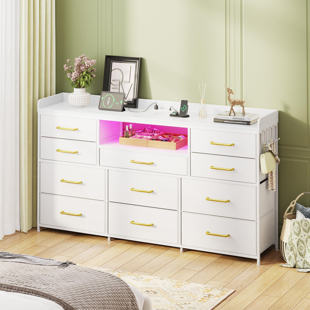 LED Dresser with Charging Station, 11 Drawers & 4 Hooks I25844