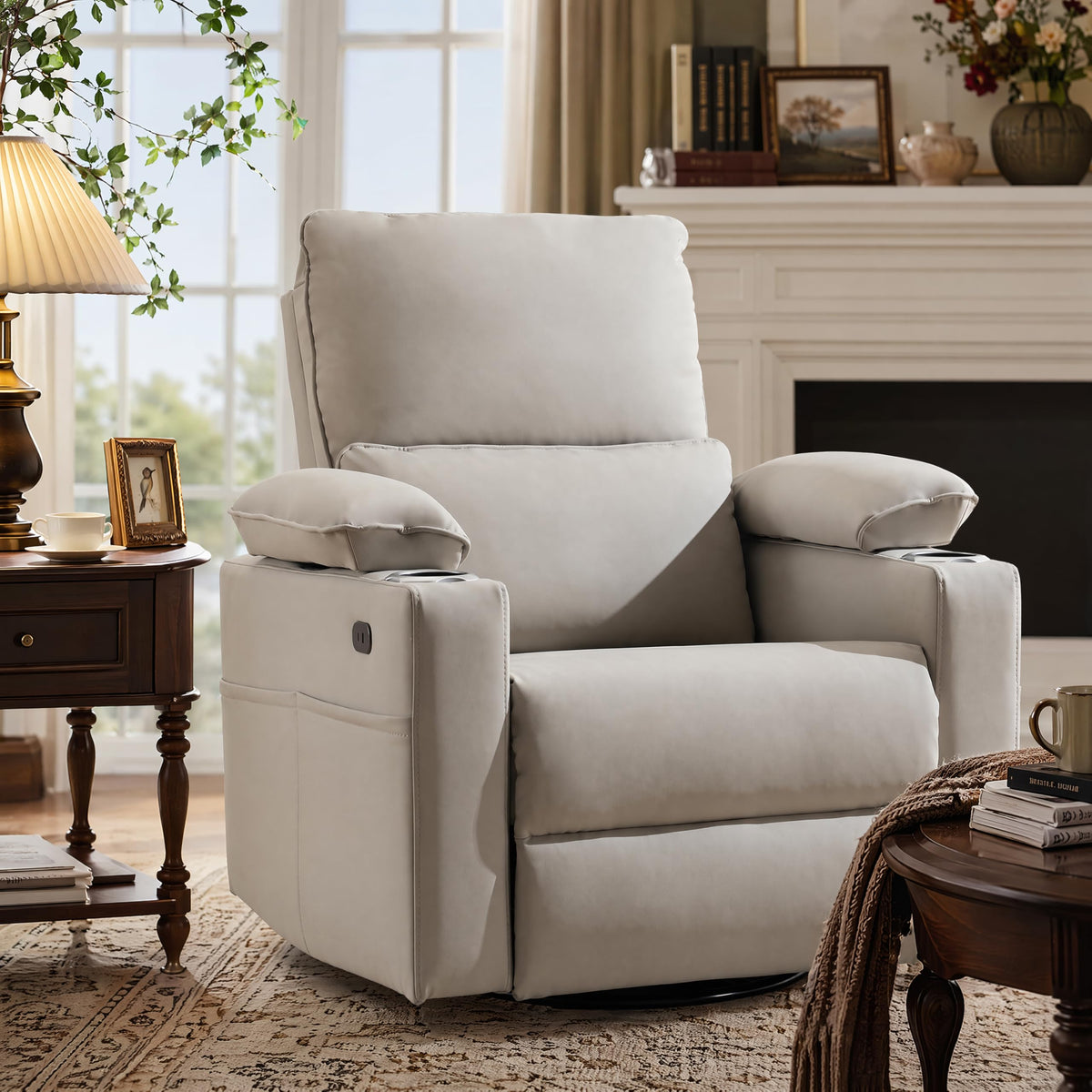 Oversized Power Swivel Rocker Recliner with Heating and Massage, Faux Leather, Grey C284