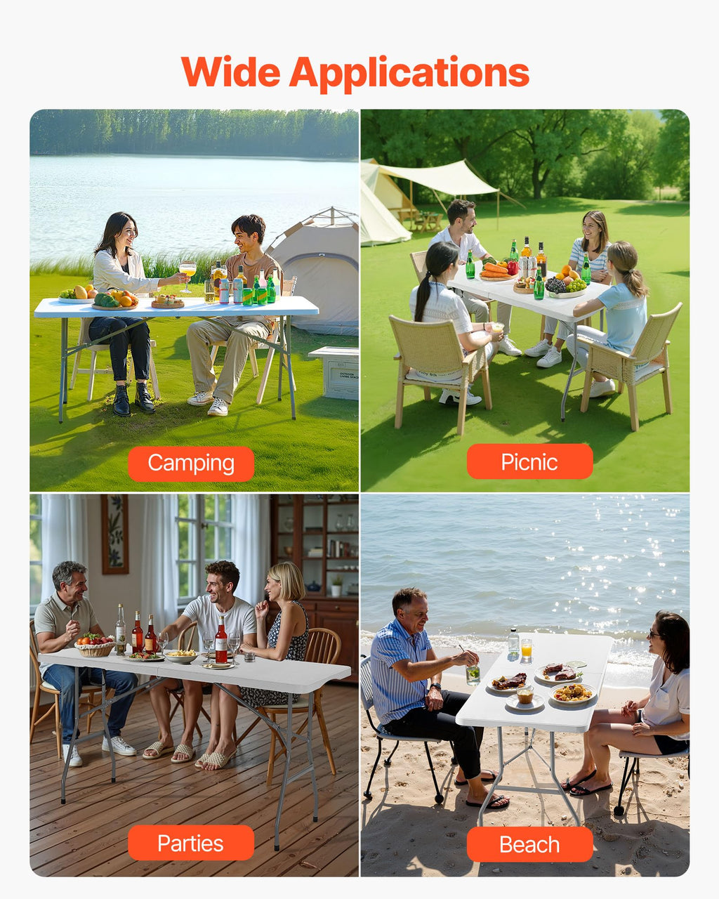 Folding Table, Heavy Duty Portable Fold-in-Half Utility Table, Indoor Outdoor Plastic Rectangle Table with Built in Handle, 6 ft, White P7941