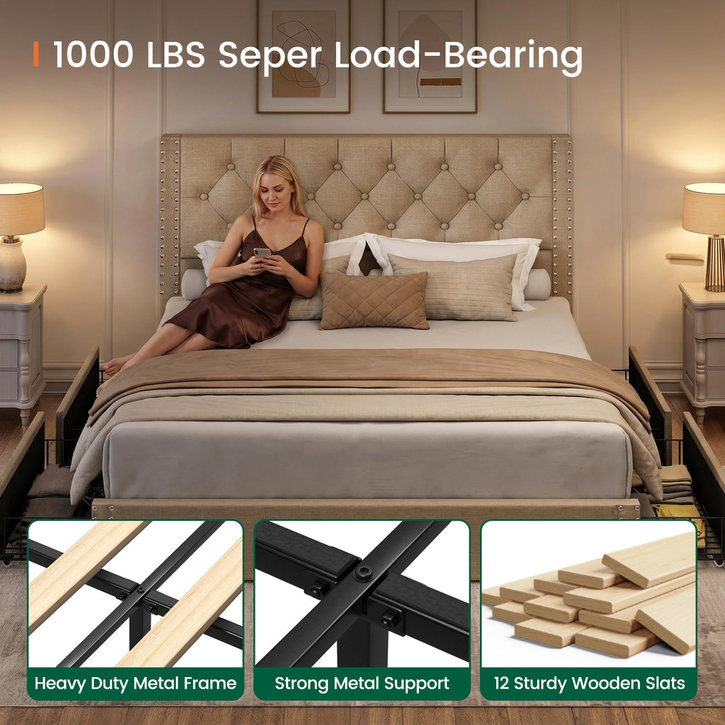 Queen Size Linen Upholstered Platform Bed Frame with 4 Storage Drawers U80731