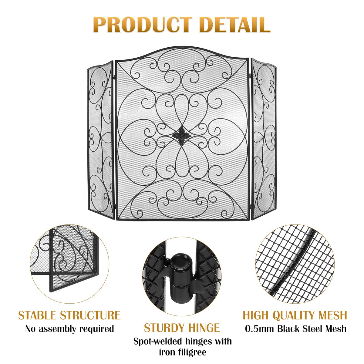 Black 3 Panel Foldable Wrought Iron Fireplace Screen R7630