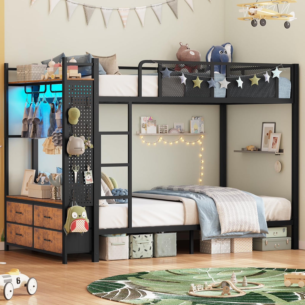 Twin Over Twin Metal Bunk Bed with Hall Tree and 4 Storage Drawers V271482