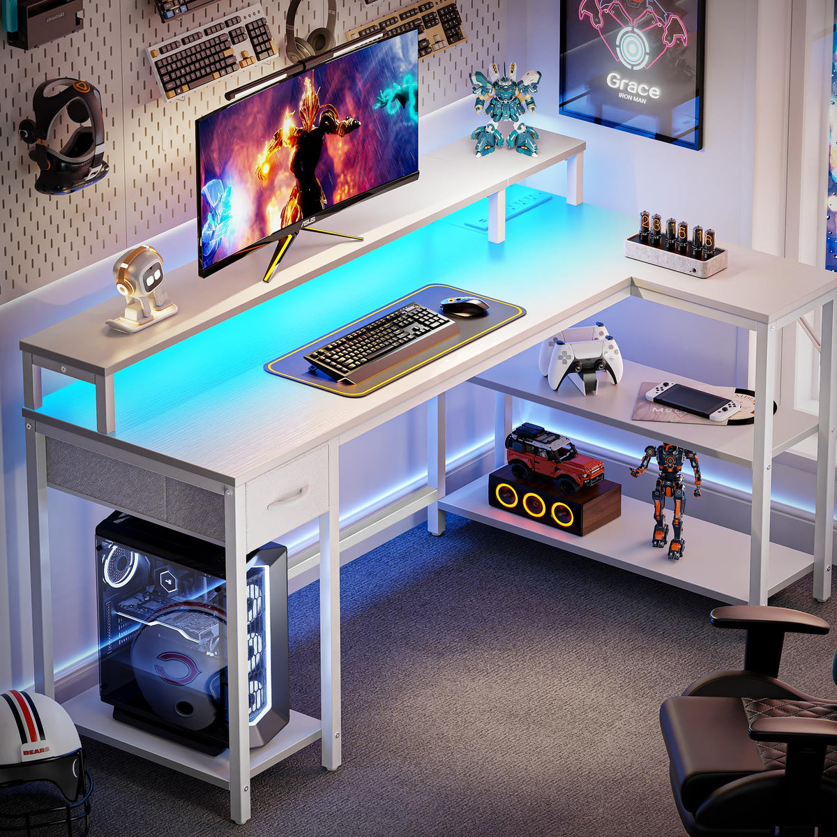 53 inch Reversible L Shaped Desk with LED Lights & Power Outlets N490975