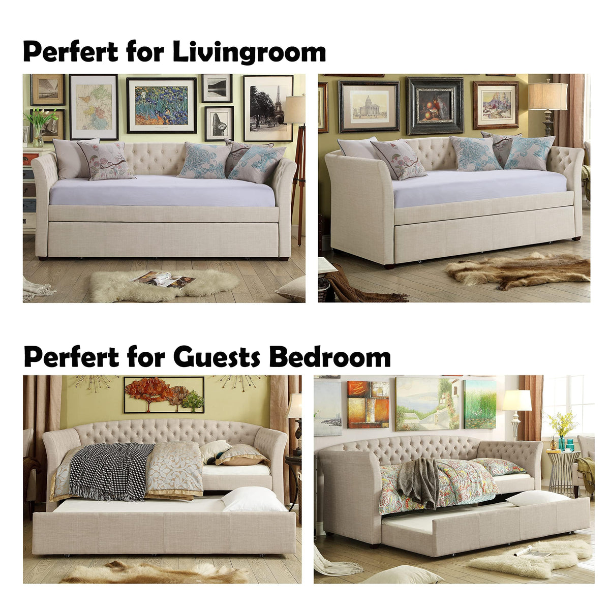 Beige Velvet Tufted Upholstered Twin Daybed with Trundle P86336