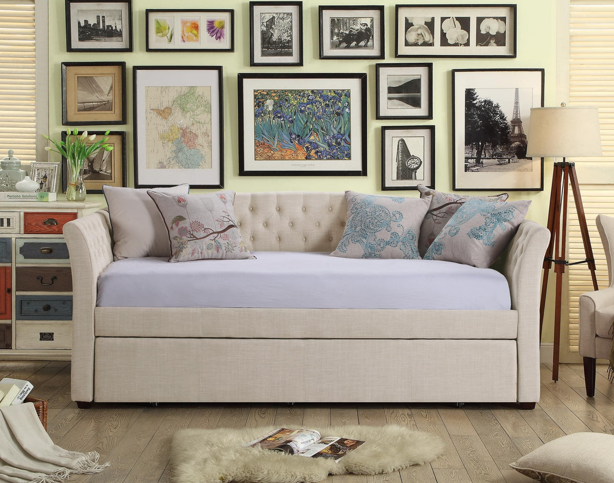 Beige Velvet Tufted Upholstered Twin Daybed with Trundle P86336