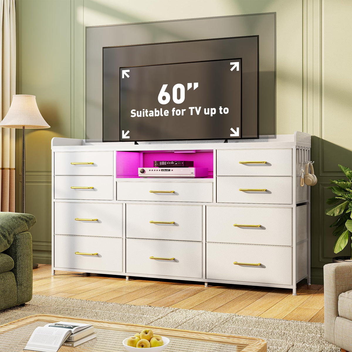 LED Dresser with Charging Station, 11 Drawers & 4 Hooks I25844
