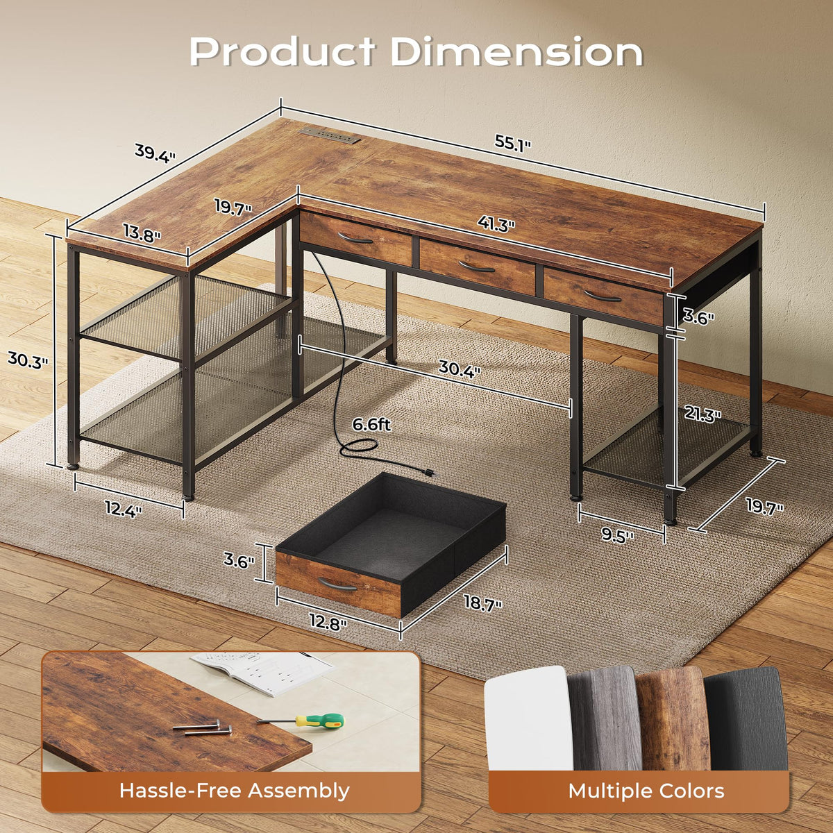 55 Inch L Shaped Office Desk with Power Outlets and Type-C Port N4010