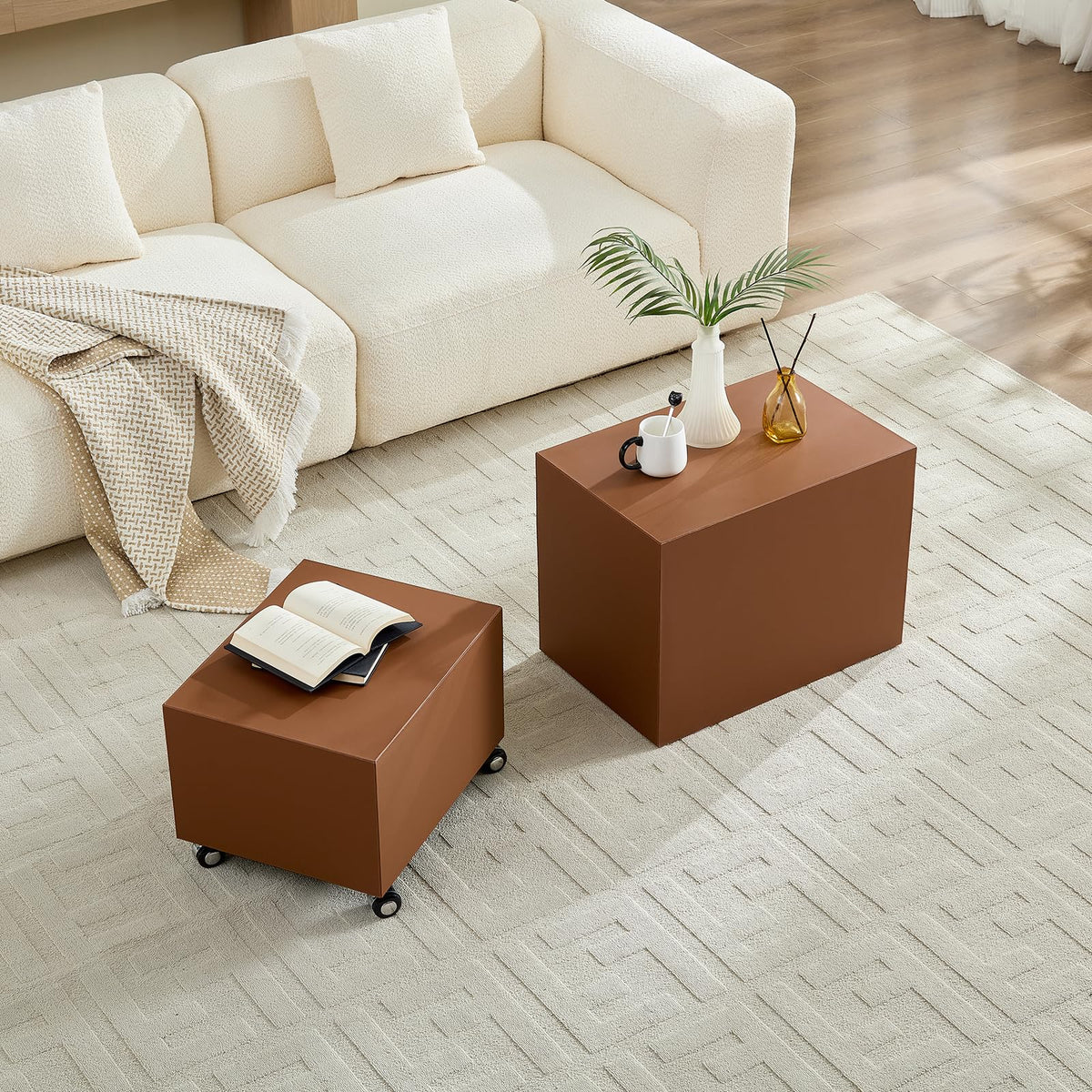 Brown Rolling Leather Coffee Table Set of 2 A54494