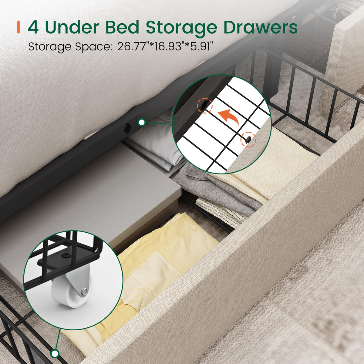 Queen Size Linen Upholstered Platform Bed Frame with 4 Storage Drawers U80731