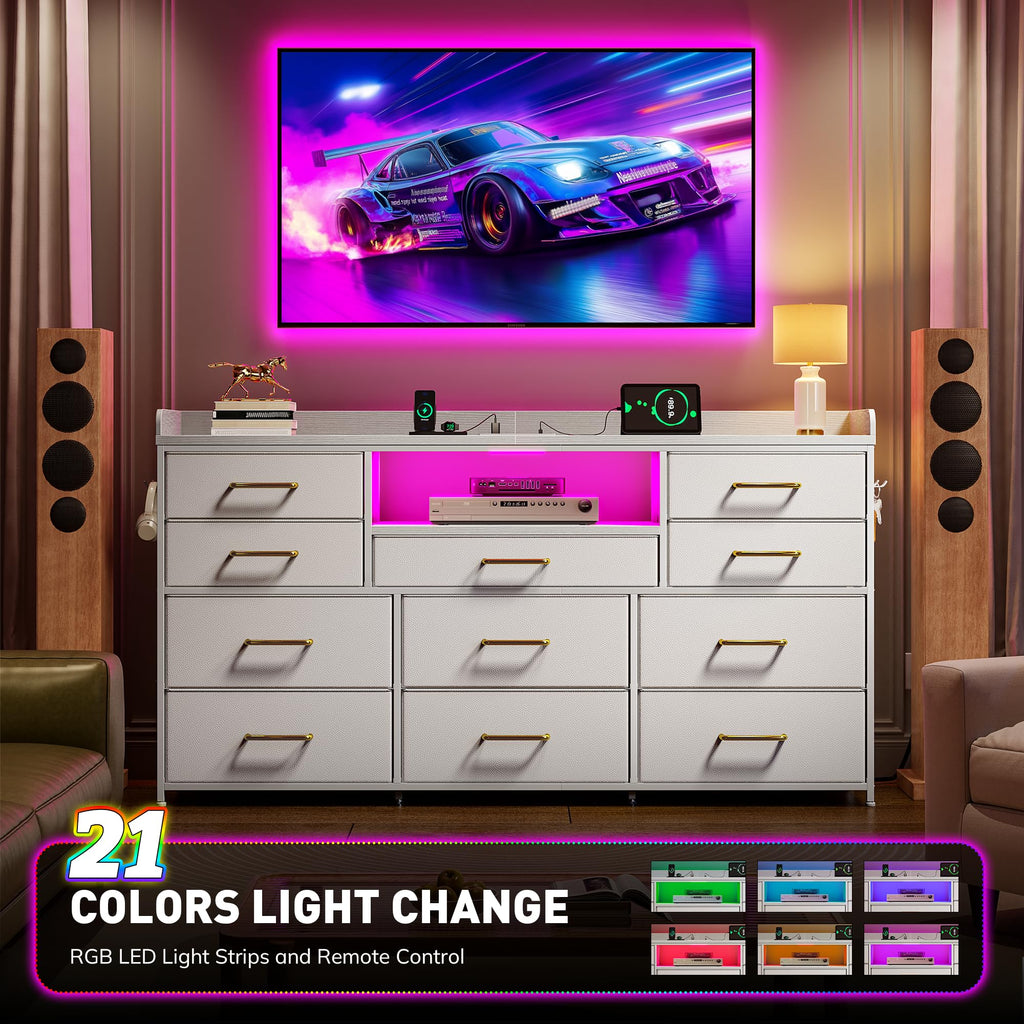 LED Dresser with Charging Station, 11 Drawers & 4 Hooks I25844