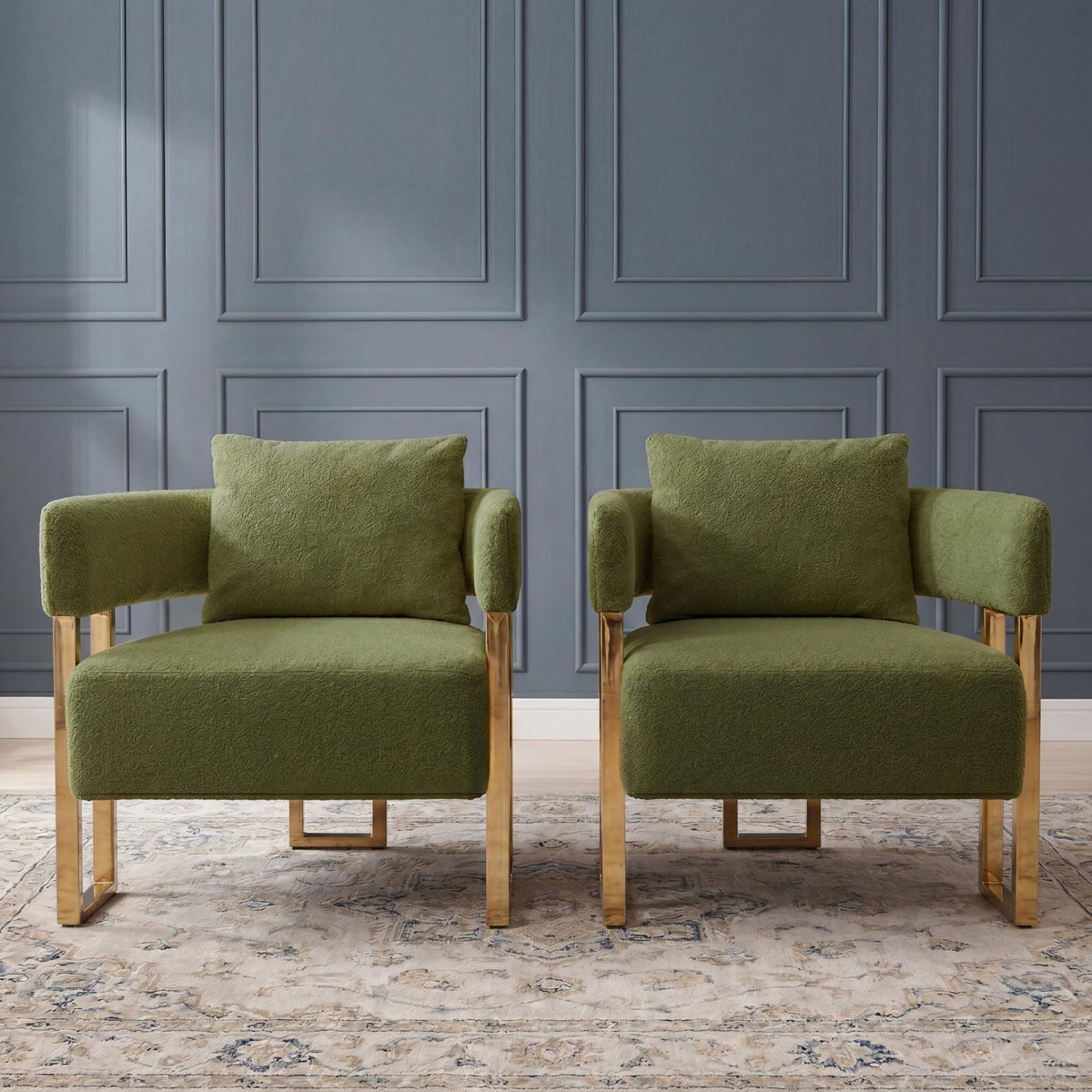 Green Teddy Upholstered Arm Chairs Set of 2 with Metal Legs N20585