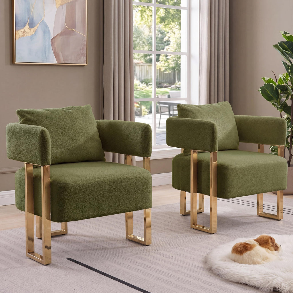 Green Teddy Upholstered Arm Chairs Set of 2 with Metal Legs N20585