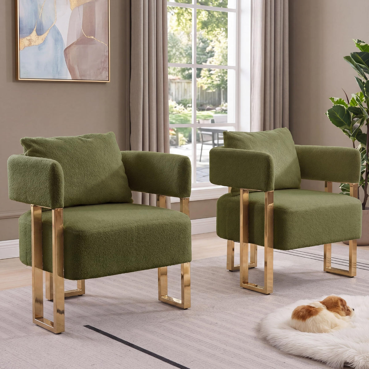 Green Teddy Upholstered Arm Chairs Set of 2 with Metal Legs N20585