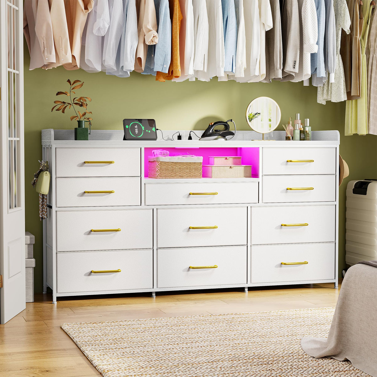 LED Dresser with Charging Station, 11 Drawers & 4 Hooks I25844